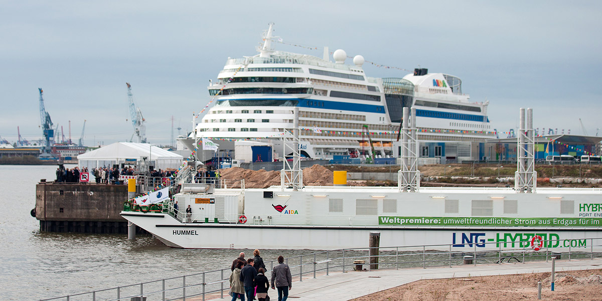 Großes Kreuzfahrtschiff und LNG-Versorgungsschiff im Hamburger Hafen bei bewölktem Himmel