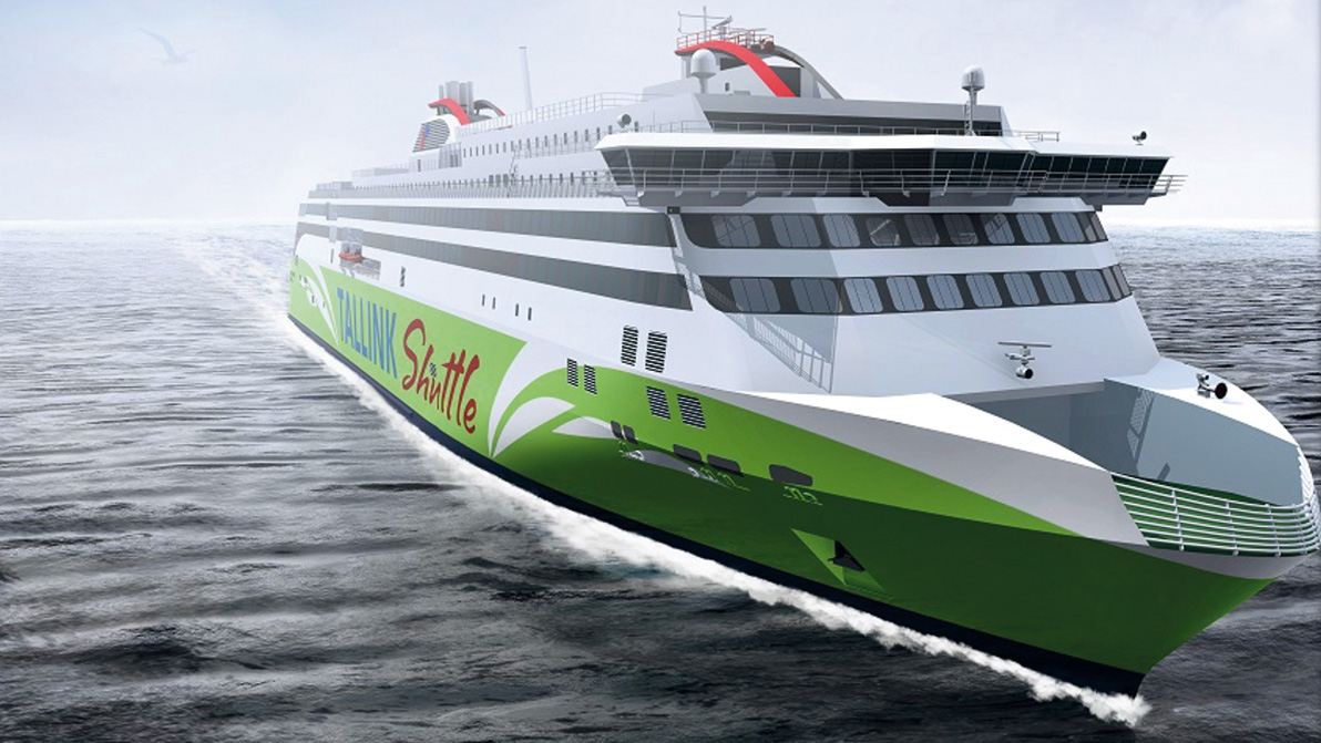 3D rendering of a modern passenger ferry with LNG propulsion system, featuring a sleek white and green hull design on open water.